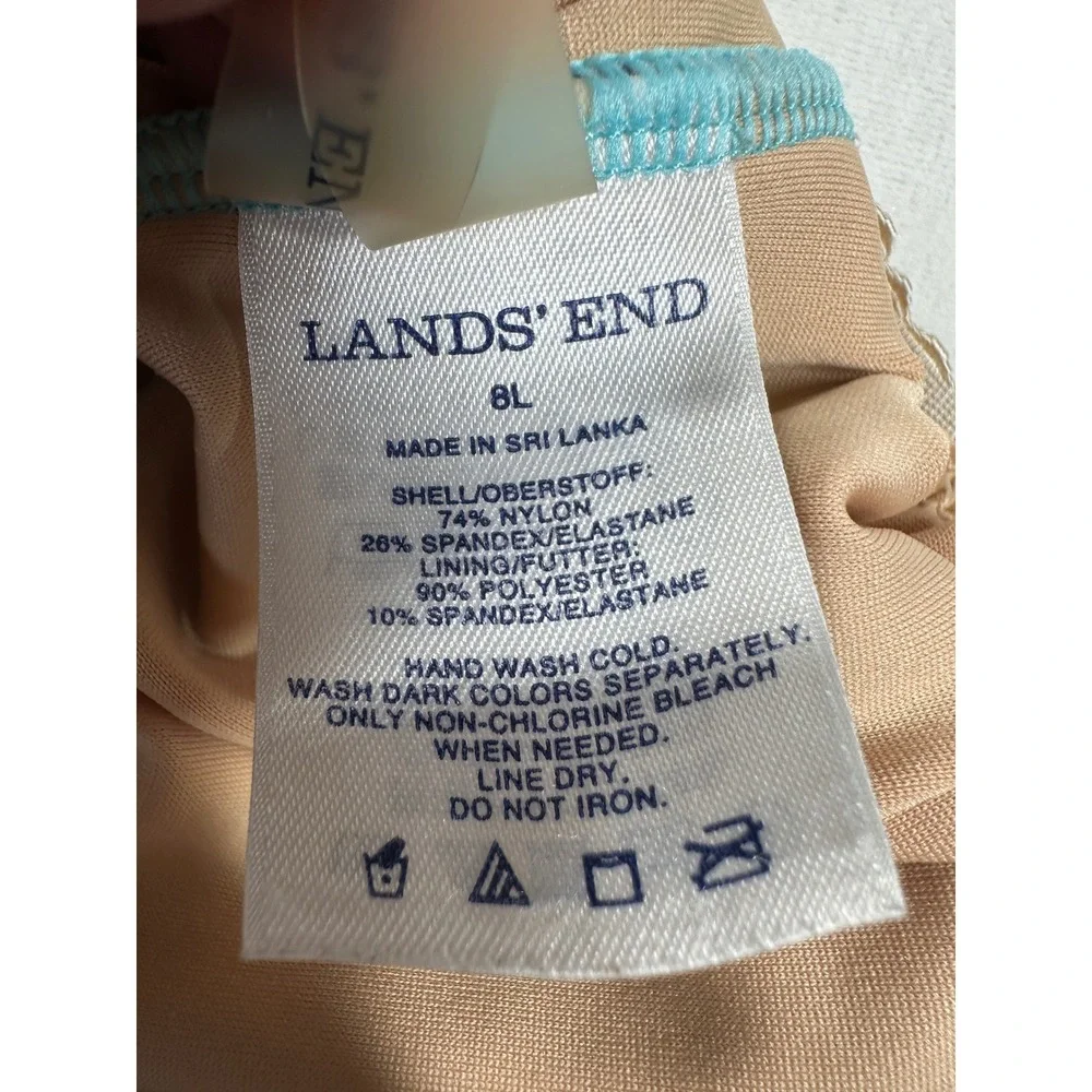 Lands' End One-Piece Swimsuit 8L Blue Teal Floral Scoop‎ Tropical Coastal Beachy